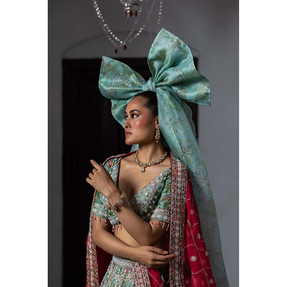 Aangan by Parul Green Radiant Vermilion Lehenga with Blouse and Dupatta (Set of 3)