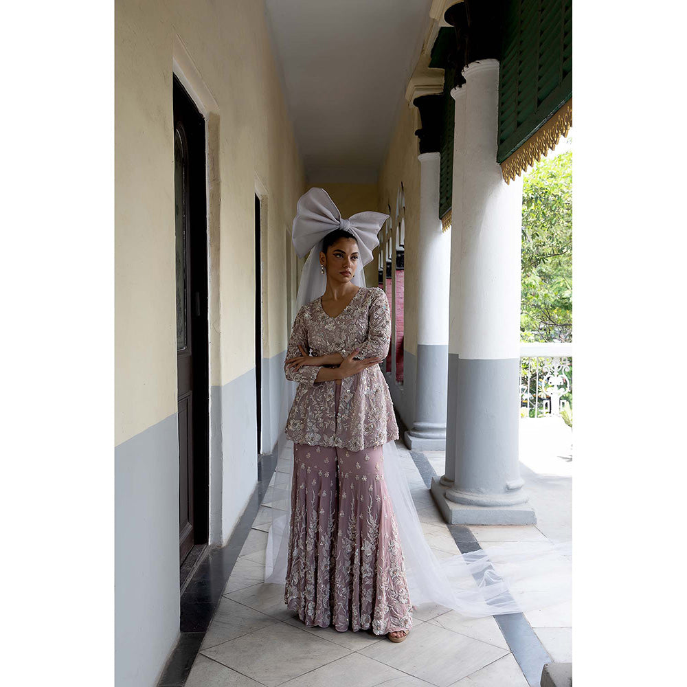 Aangan by Parul Mauve Celestial Spires Sharara with Top and Dupatta (Set of 3)