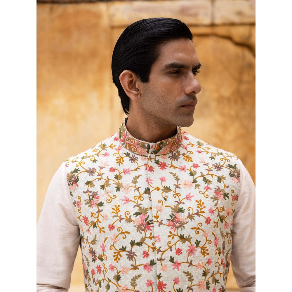 Aangan by Parul Off White Regal Charm Kurta with Churidar and Nehru Jacket (Set of 3)