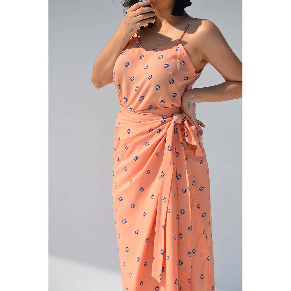 Aapro Label Peach Bandhej Peach Spaghetti Wrap Dress