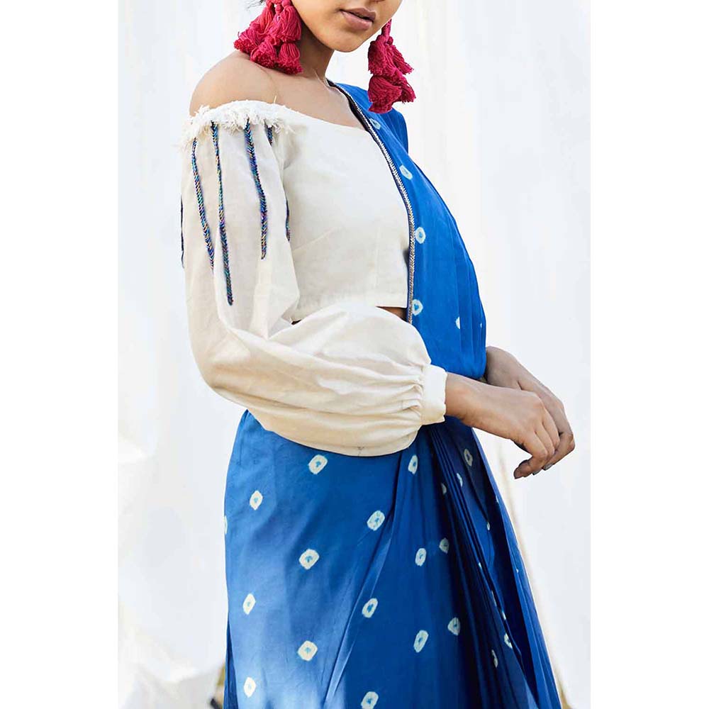 Aapro Label Blue Bandhej Saree Inspired Skirt With Top (Set of 2)