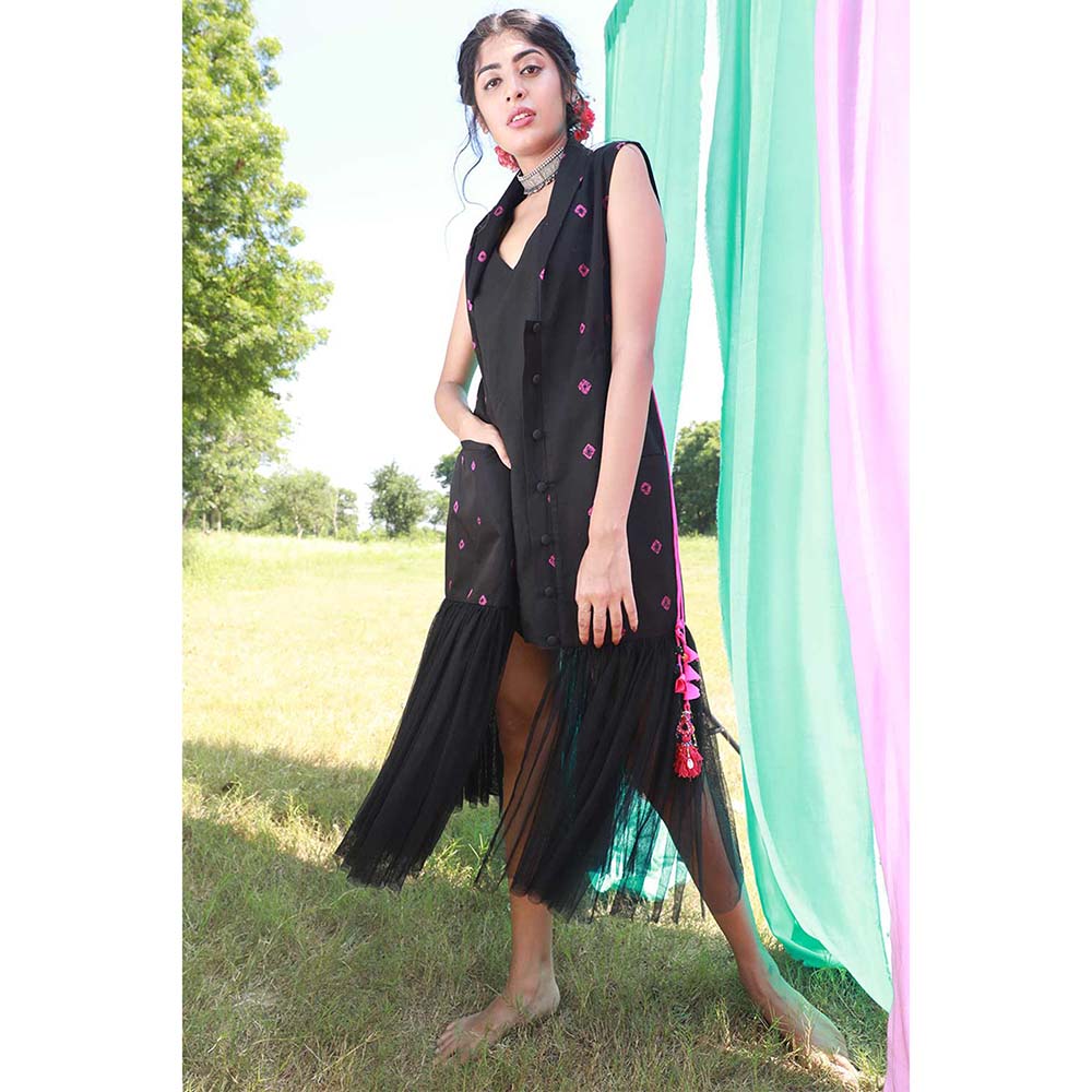 Aapro Label Bandhej Tulle Jacket - Black