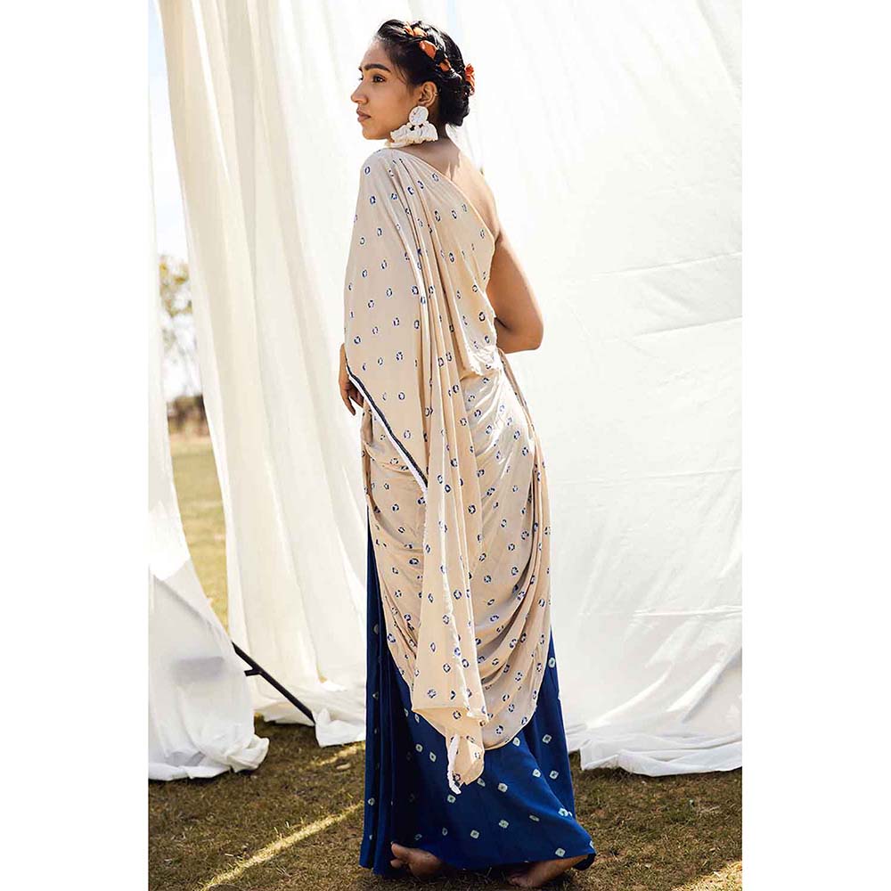 Aapro Label Bandhej One Shoulder Concept Saree - Blue