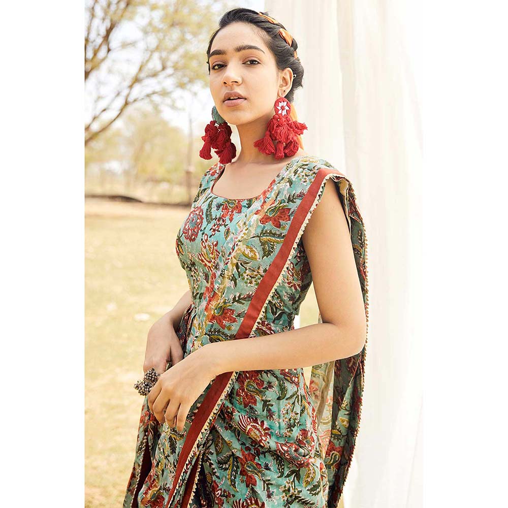 Aapro Label Block Printed Green Saree Dress