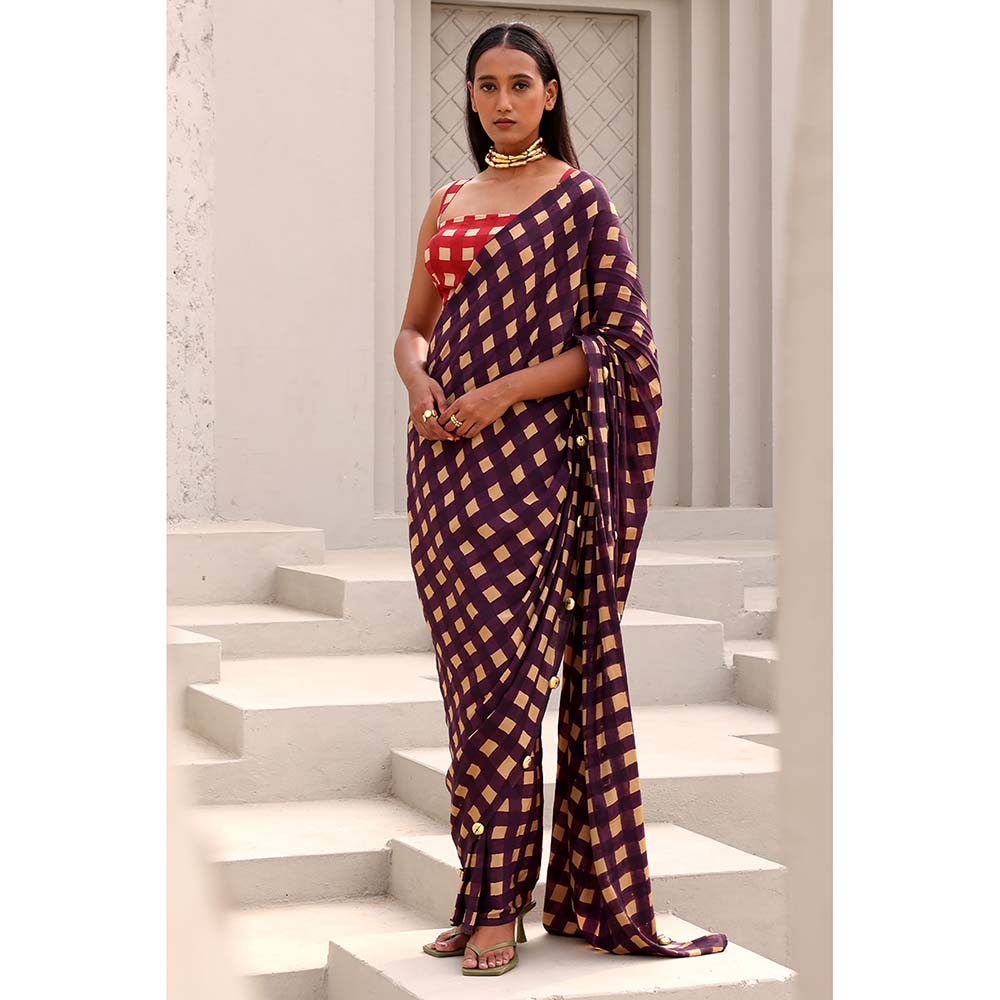 Aapro Label Purple Agatha pre draped Saree with Stitched Blouse