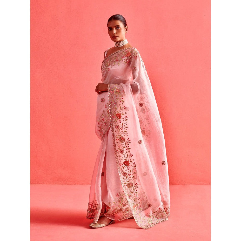 Aarti Sethia Studio Powdered Pink Saree with Stitched Blouse and Petticoat
