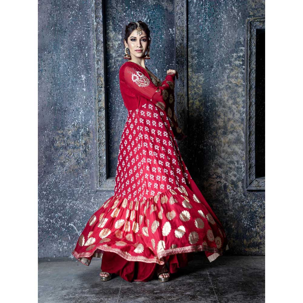 Aaryaa By Kashveen Kohli Red Embroidered Blouse with Lehenga and Jacket (Set of 3)