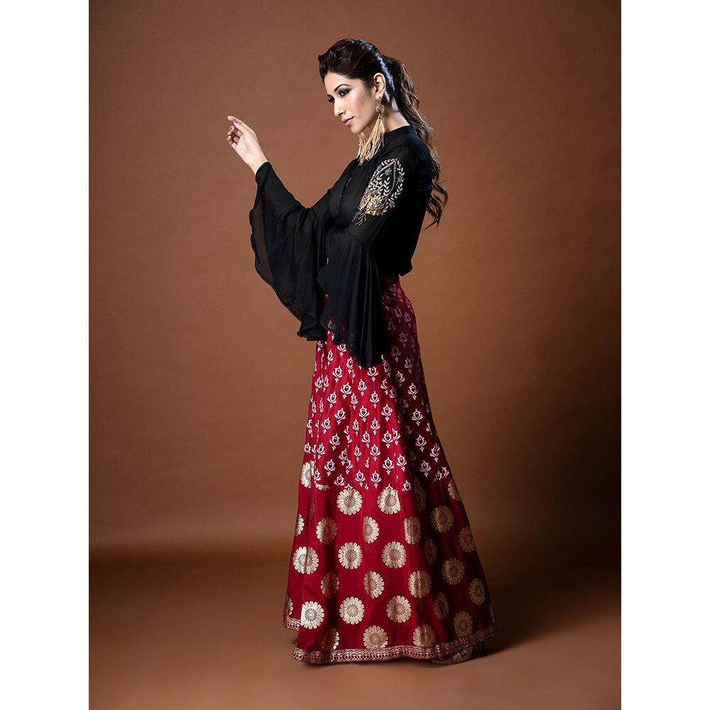 Aaryaa By Kashveen Kohli Black Embroidered Bell Sleeves Top with Palazzo (Set of 2)
