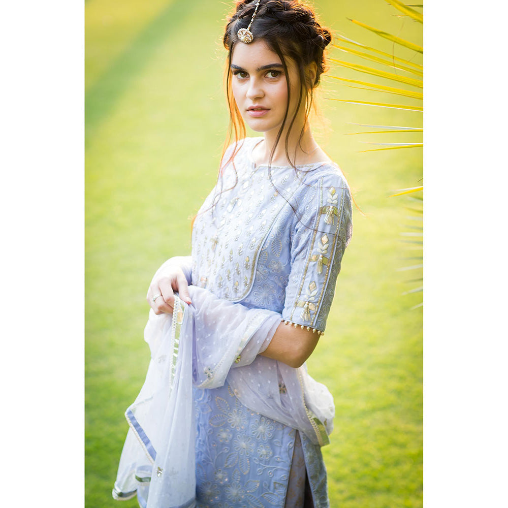 Aaryaa By Kashveen Kohli Blue Embroidered Kurta with Foil Print Sharara and Dupatta (Set of 3)