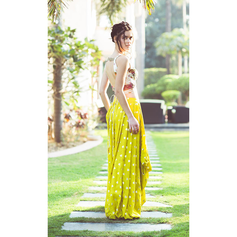 Aaryaa By Kashveen Kohli Lime Green Draped Skirt with Print Embroidered Crop Top (Set of 2)