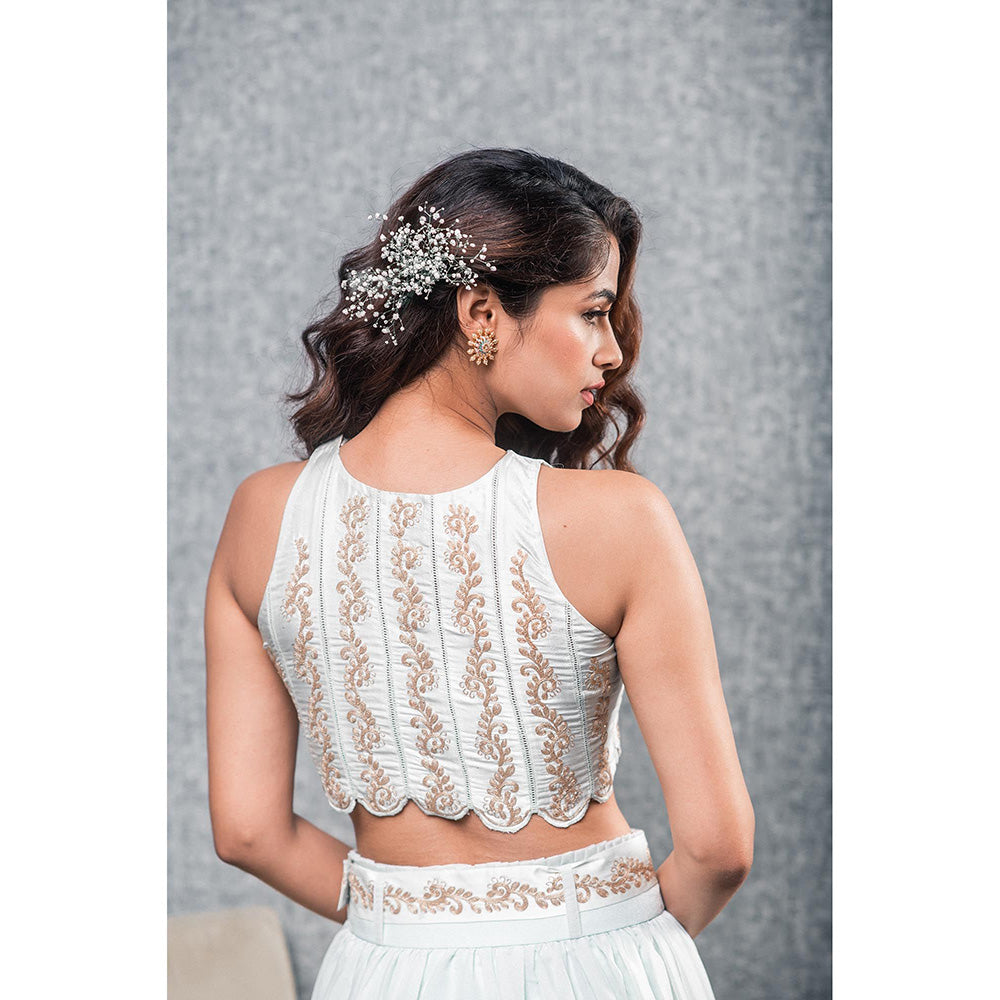 Aaryaa By Kashveen Kohli Blue Embroidered Crop Top with Skirt and Belt (Set of 3)