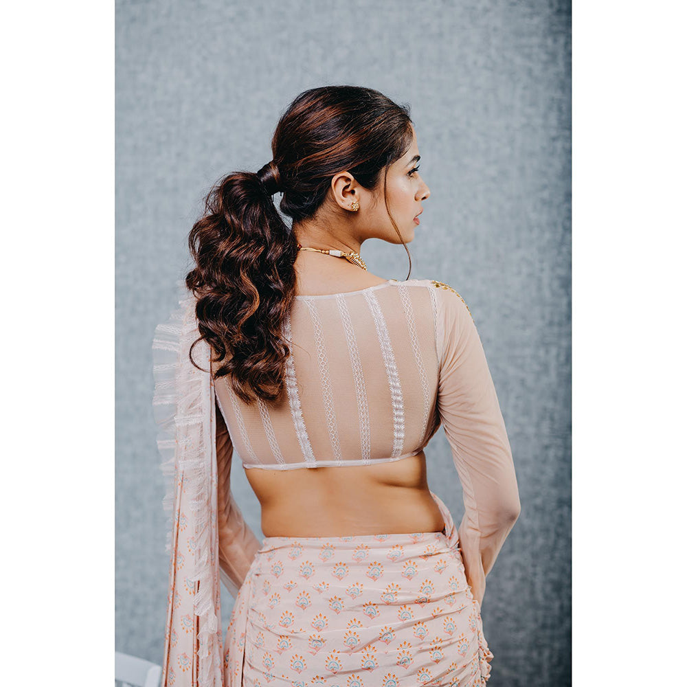 Aaryaa By Kashveen Kohli Peach Print Pre Draped Saree with Stitched Blouse