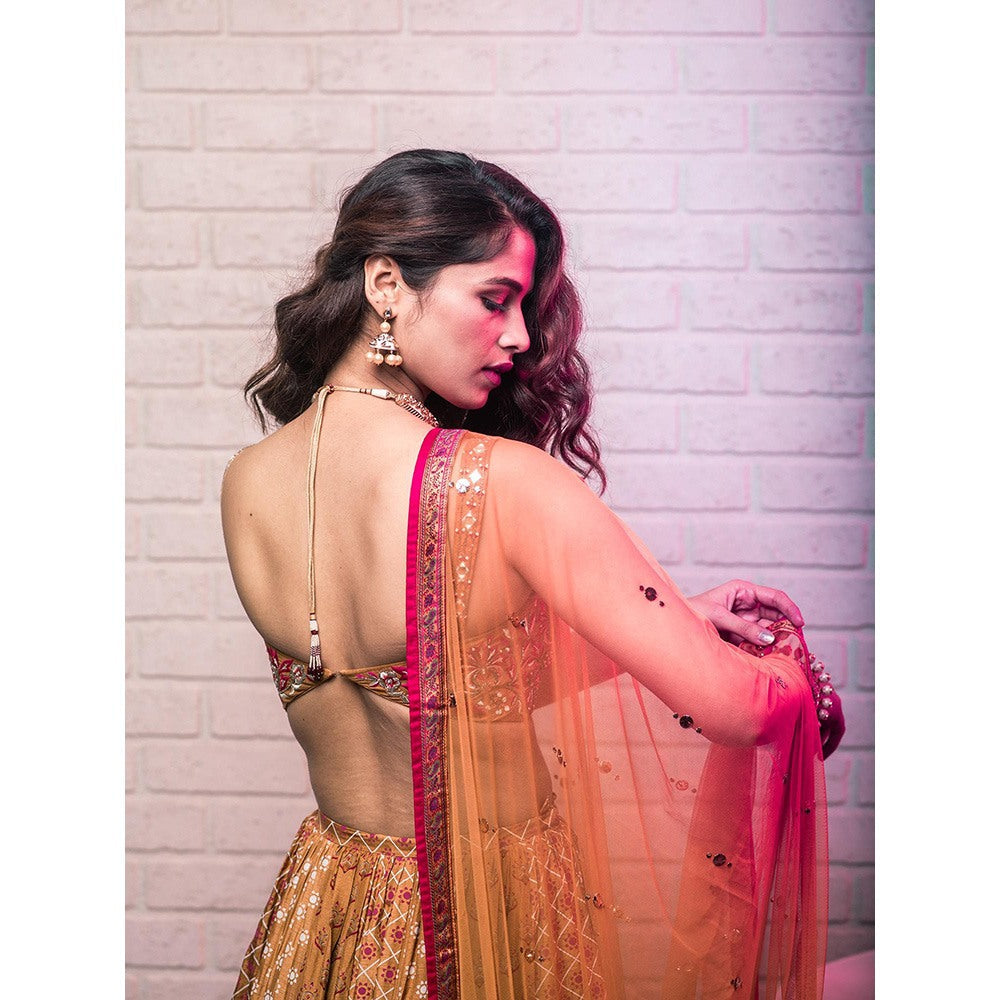 Aaryaa By Kashveen Kohli Mustard Embroidered Lehenga with Blouse and Dupatta (Set of 3)