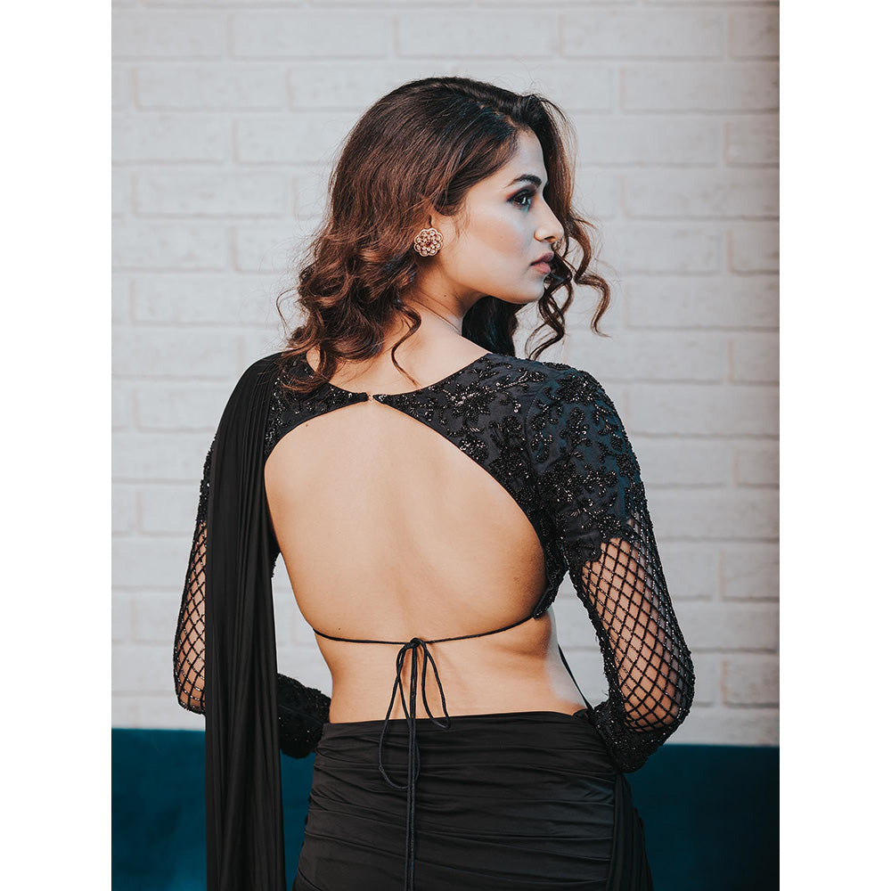 Aaryaa By Kashveen Kohli Black Pre Draped Saree with Stitched Blouse