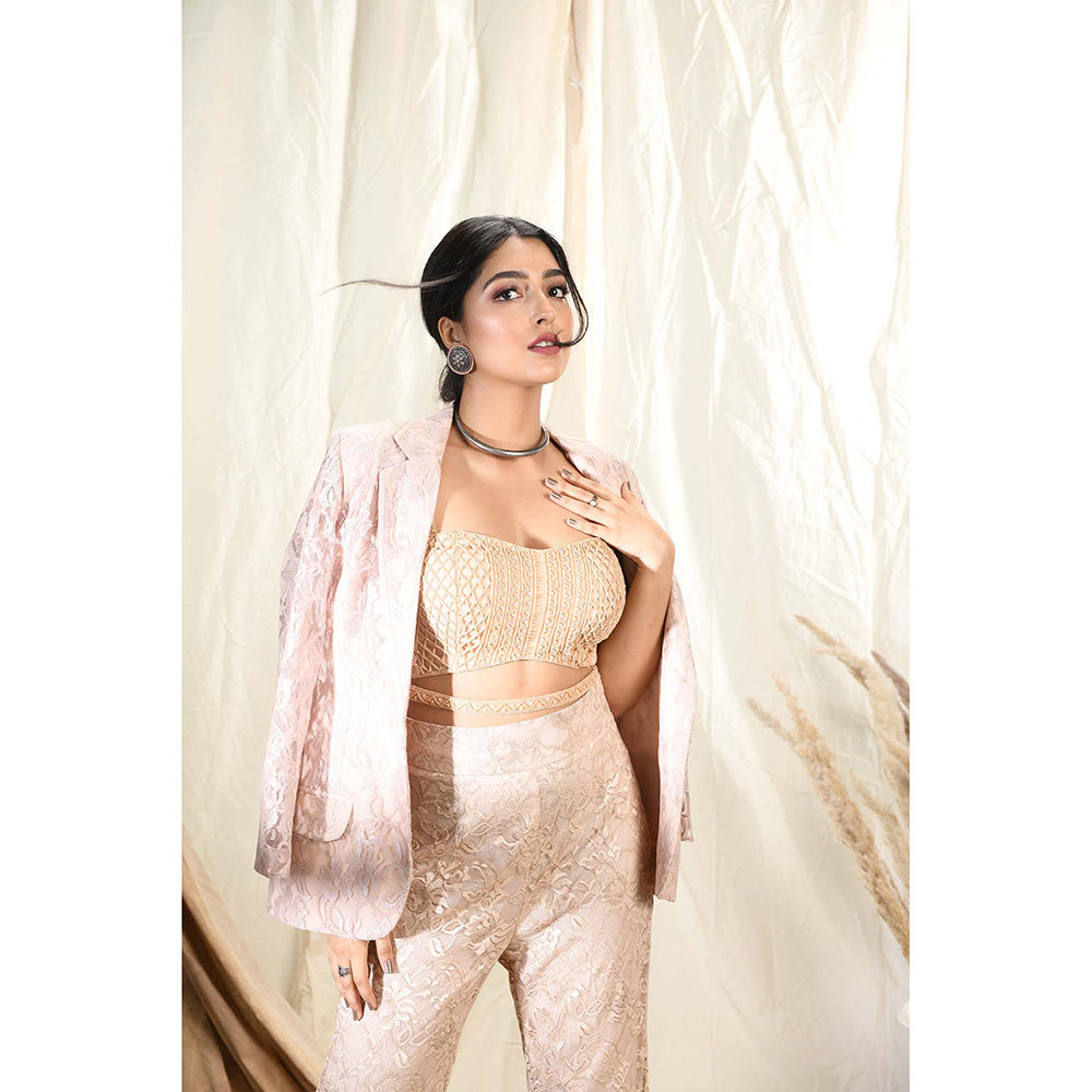 Aaryaa By Kashveen Kohli Nude Lace Pant Blazer With Blouse And Pant
