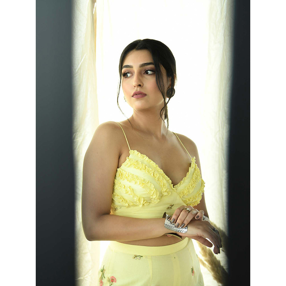 Aaryaa By Kashveen Kohli Yellow Floral Embroidered Palazzos With Strappy Crop Top