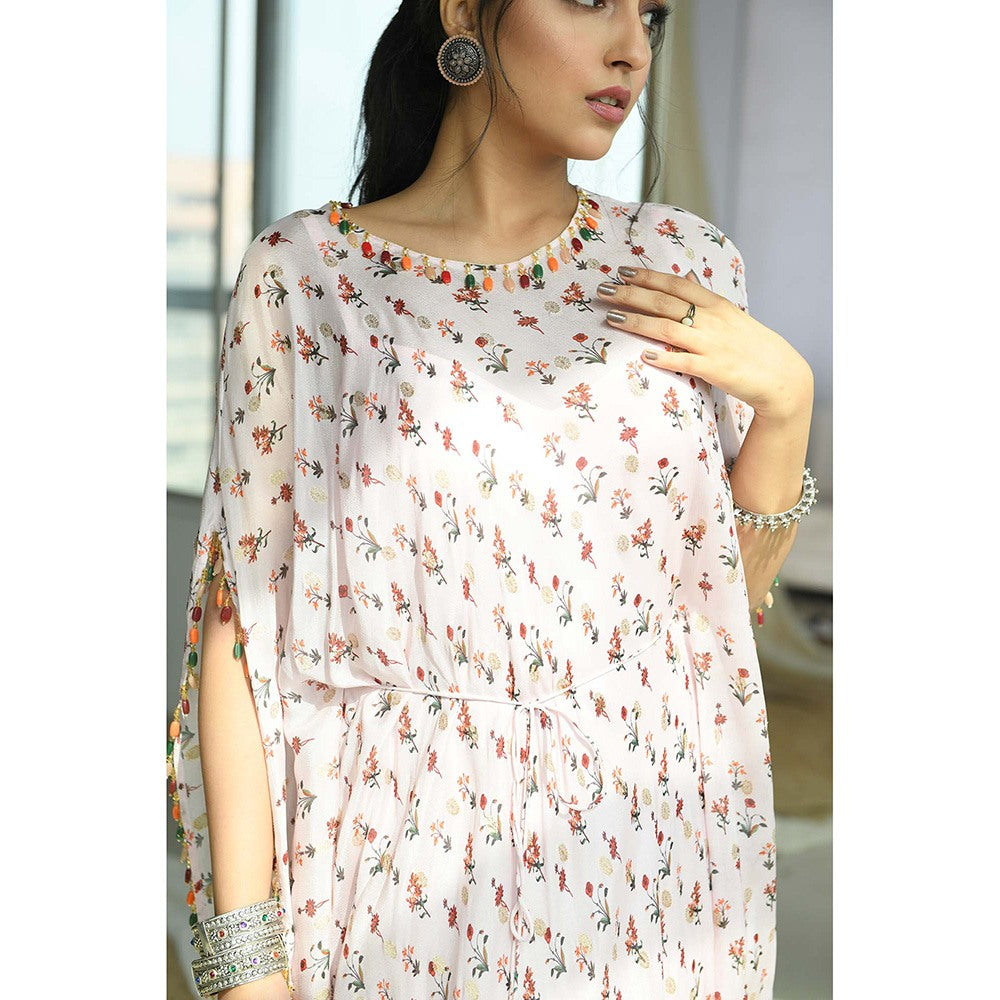 Aaryaa By Kashveen Kohli Baby Pink Floral Print & Brocade Kaftan Dress With Slip