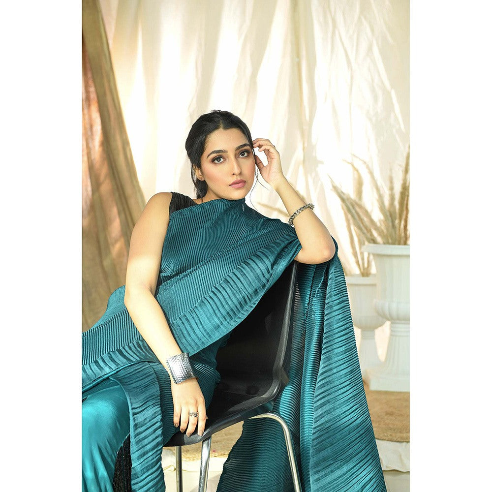 Aaryaa By Kashveen Kohli Teal Pleated Fringe Pre-Draped Saree with Stitched Blouse
