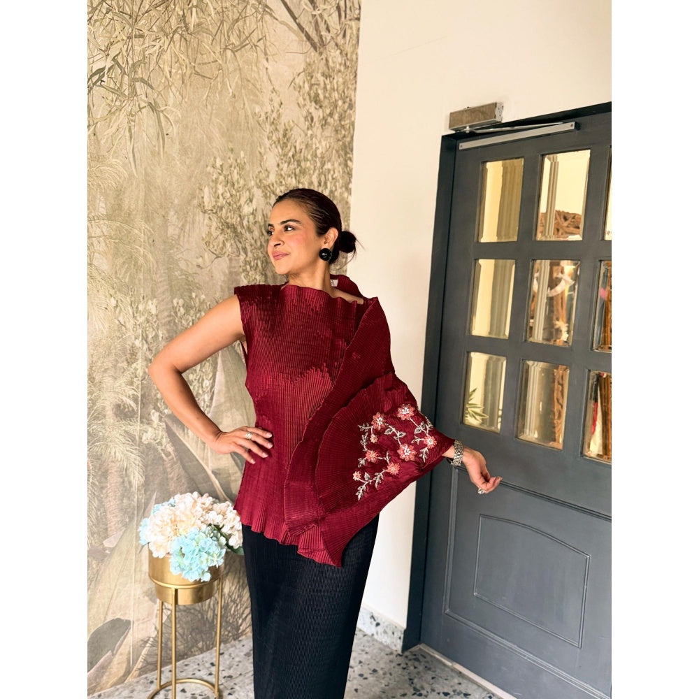 Aasabysimran Sangria Embroidered Lunar Bloom In Maroon Top