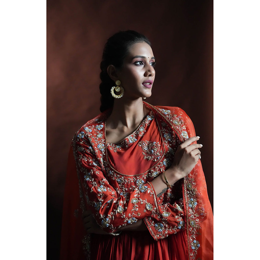 Aavya Store Red Anarkali with Pant and Dupatta (Set of 3)