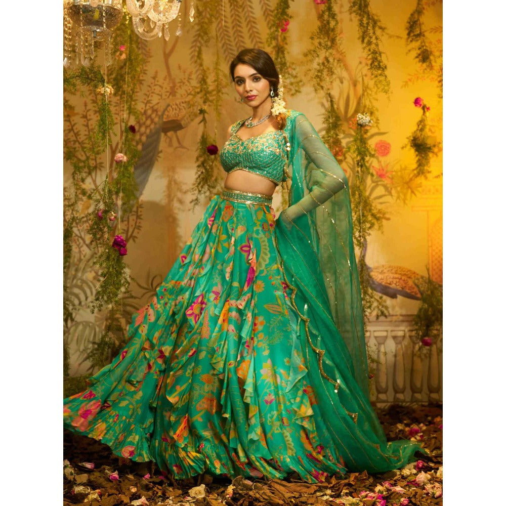 Aayushi Maniar Chameli Frill Lehenga and Blouse with Dupatta Turquoise (Set of 3)