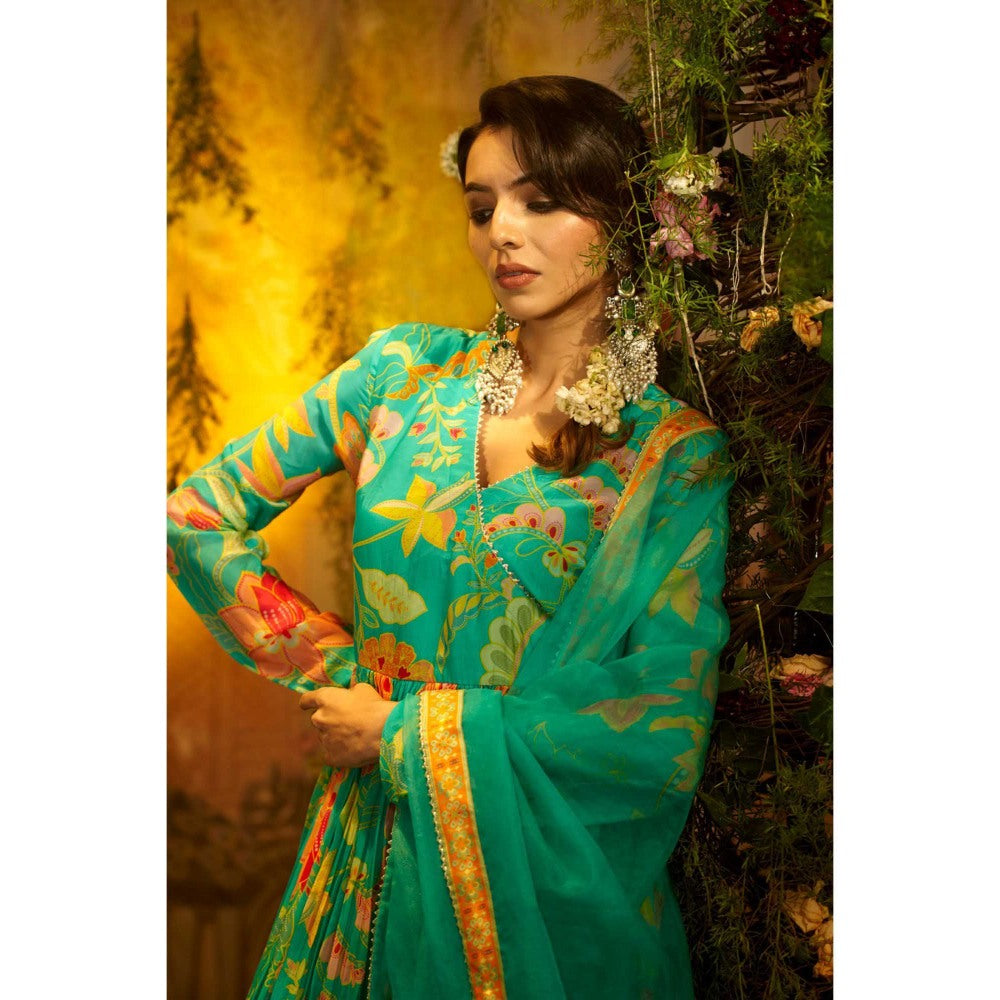 Aayushi Maniar Kumari Angarkha Kurta with Palazzo and Dupatta Green (Set of 3)