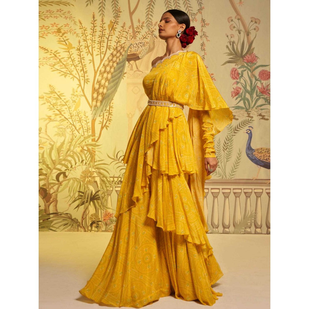 Aayushi Maniar Bandhani Frill Saree Yellow with Stitched Blouse