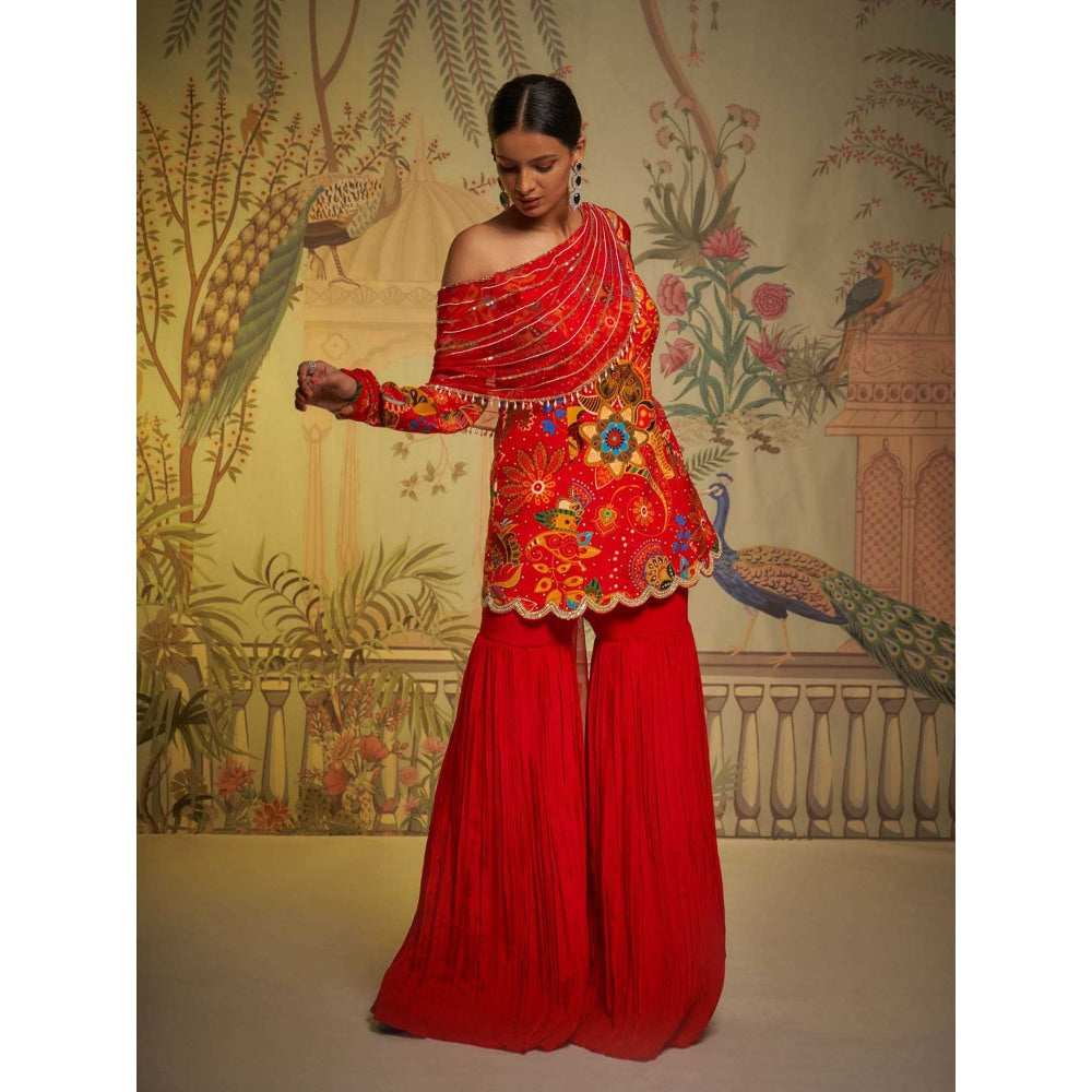 Aayushi Maniar Scarlet Phulvaari One Shoulder Gharara and Tunic Red (Set of 2)