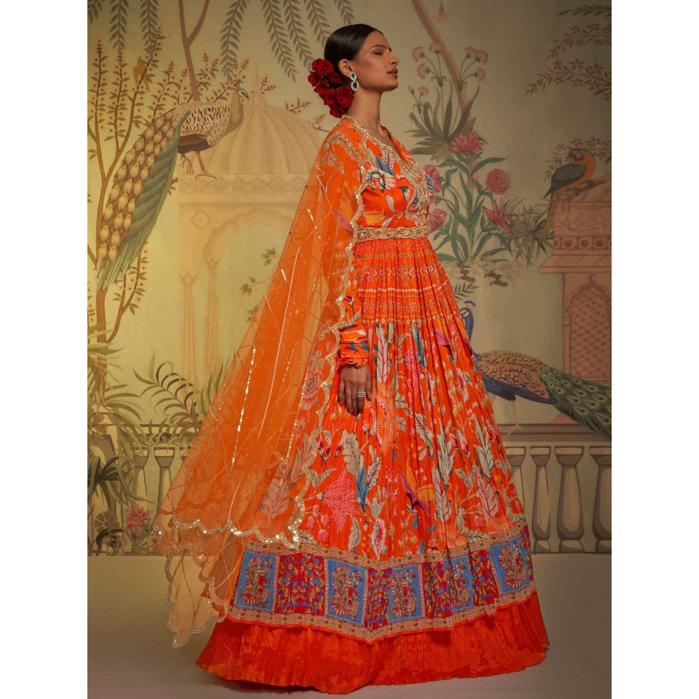 Aayushi Maniar Tangerine Anarkali Kurta Lehenga with Blouse and Dupatta Orange (Set of 3)