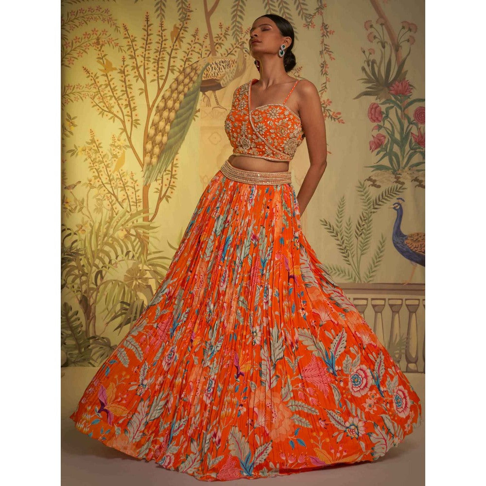 Aayushi Maniar Tangerine One Shoulder Lehenga and Blouse with Dupatta Orange (Set of 3)