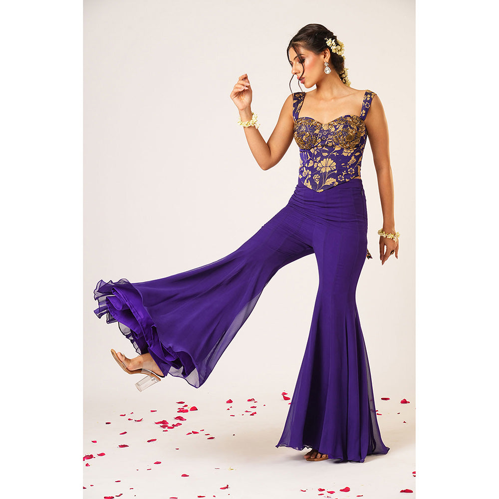 Aayushi Maniar Blue Arundhati Kalidar Jacket with Corset Top and Sharara (Set of 3)