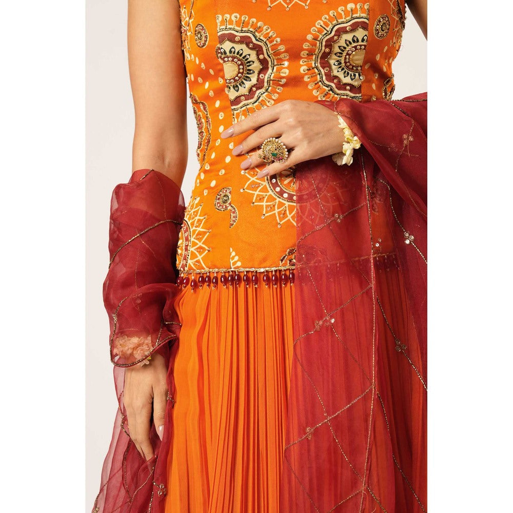 Aayushi Maniar Orange Gola Kari Lehenga with Kurti and Dupatta (Set of 3)