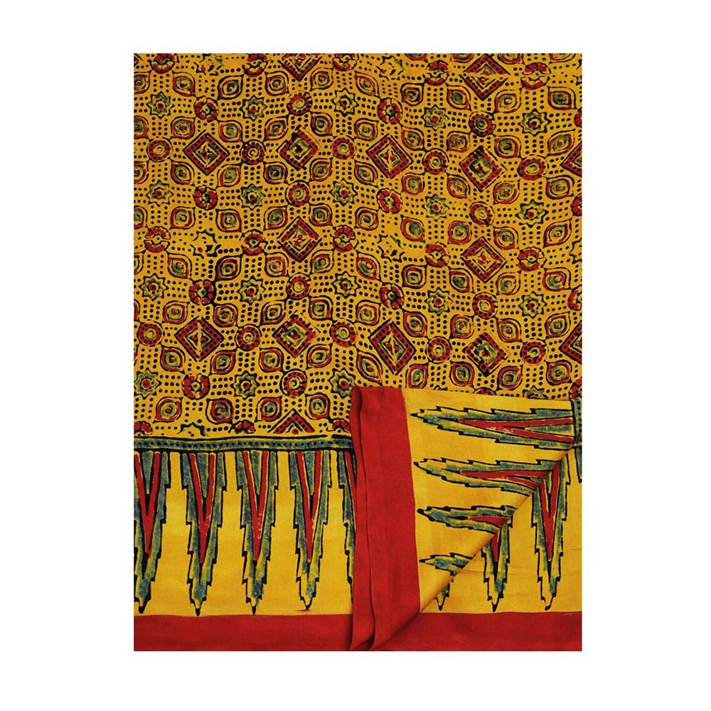 Aditri Handprinted Ajrakh On Modal Silk Yellow Saree With Running Blouse