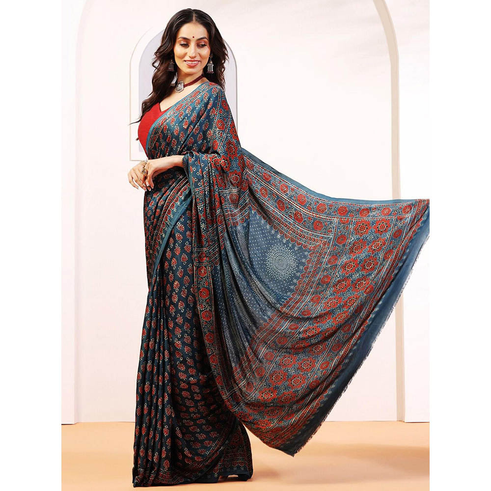 Aditri Handprinted Ajrakh On Modal Silk Blue Saree With Running Blouse