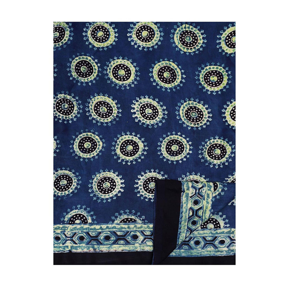 Aditri Handprinted Ajrakh On Modal Silk Blue Saree With Running Blouse