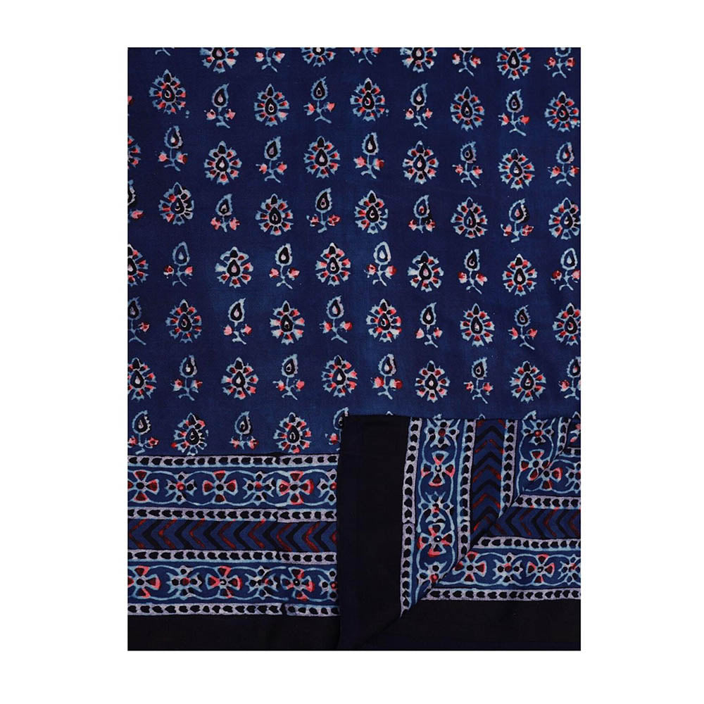 Aditri Handprinted Ajrakh On Modal Silk Navy Blue Saree With Running Blouse