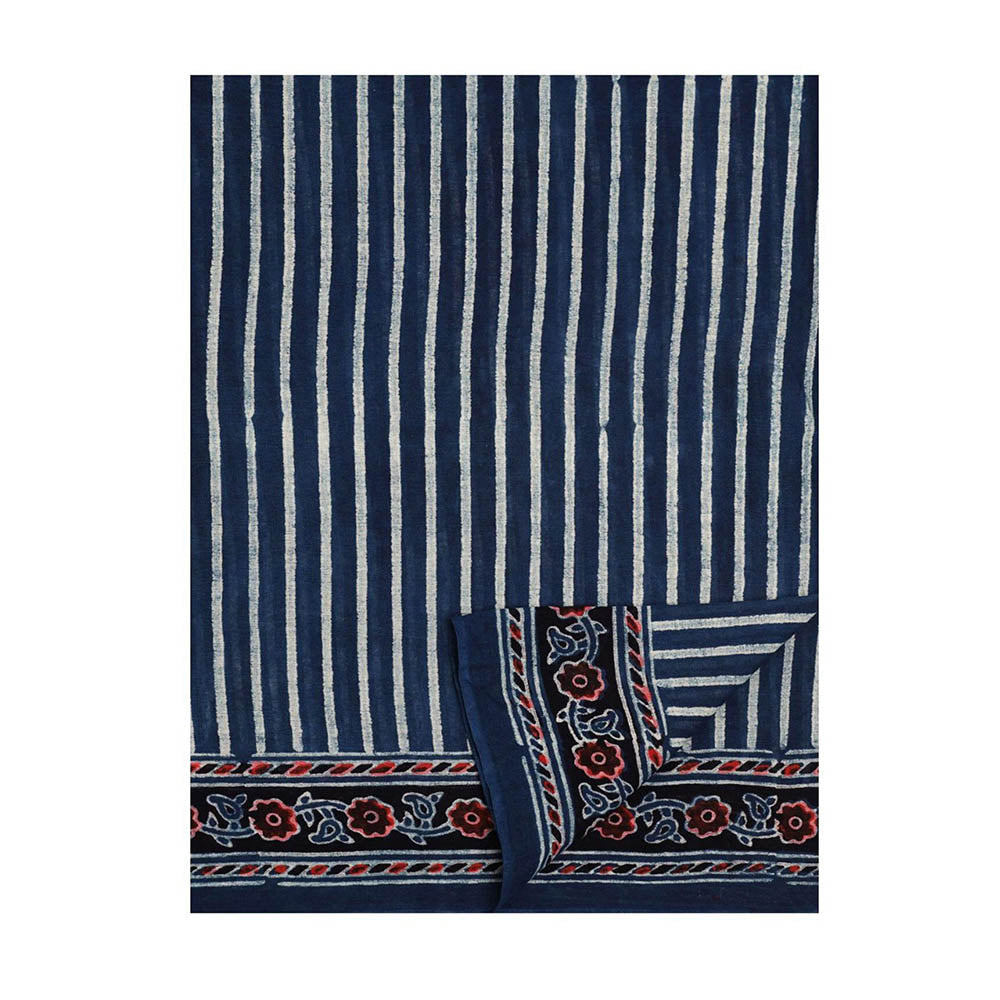 Aditri Handprinted Ajrakh On Cotton Blue Saree With Running Blouse