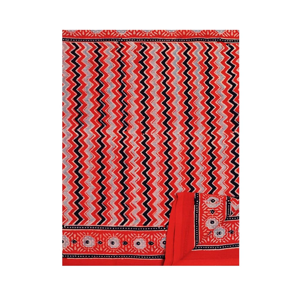Aditri Handprinted Ajrakh On Cotton Red Saree With Running Blouse