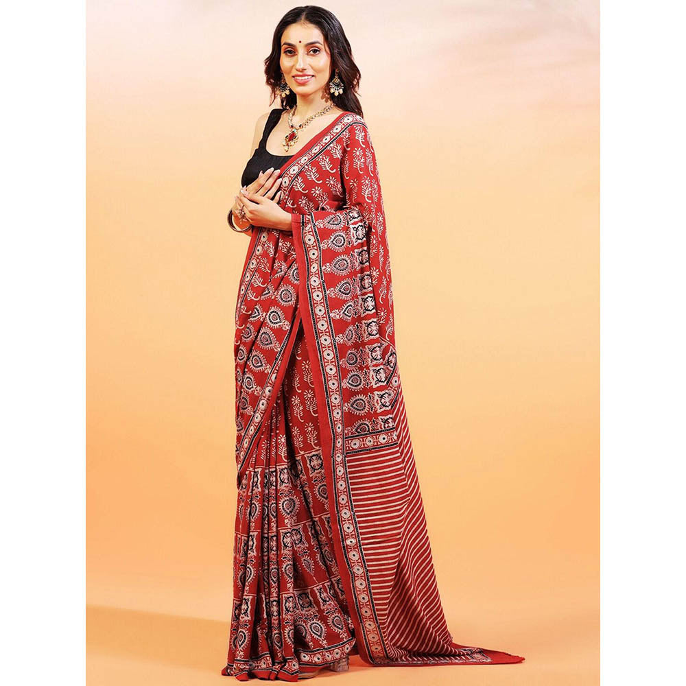 Aditri Handprinted Ajrakh On Cotton Red Saree With Running Blouse