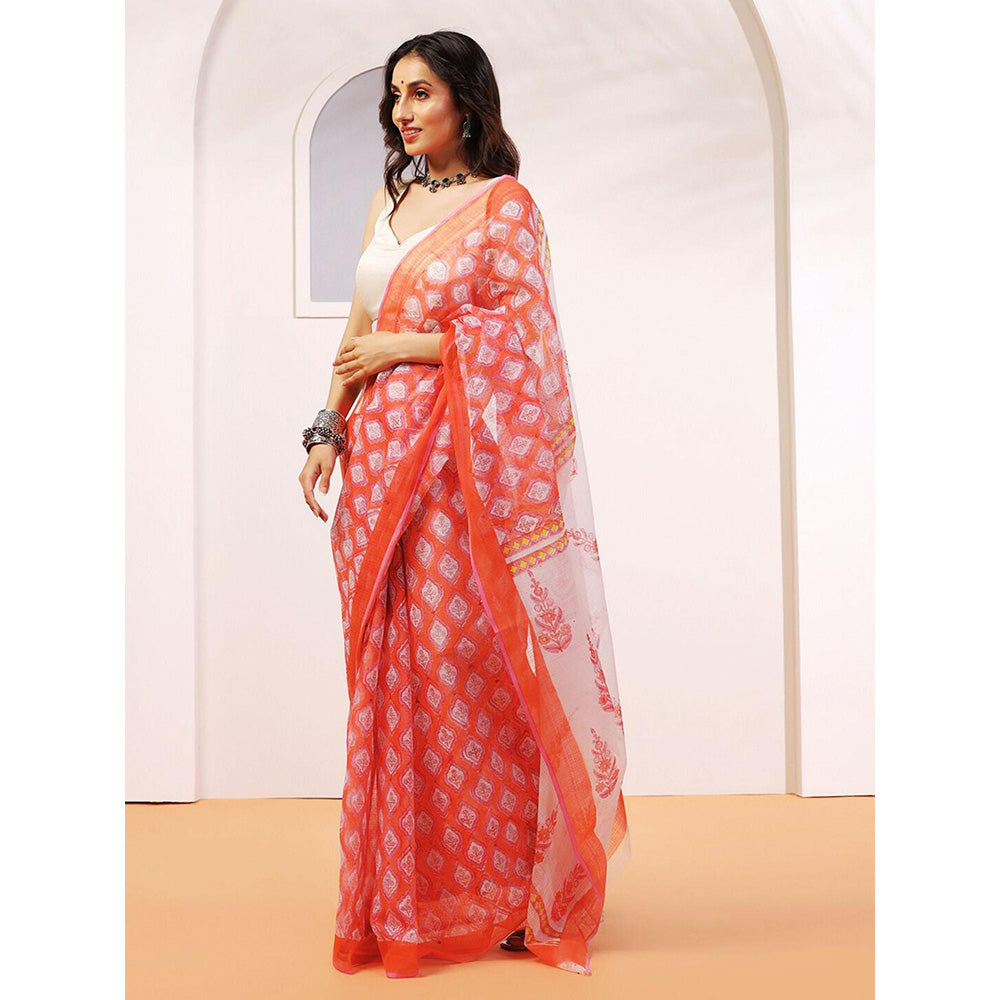Aditri Handloom Kota Doria Hand Block Print Orange Saree With Blouse Piece