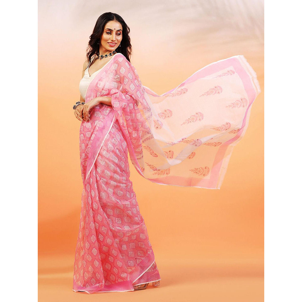 Aditri Handloom Kota Doria Hand Block Print Pink Saree With Blouse Piece