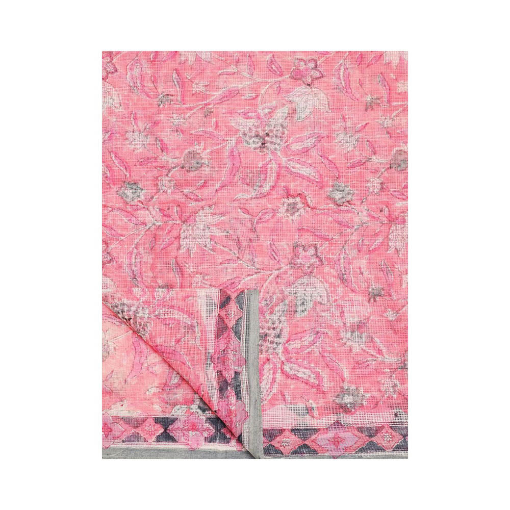 Aditri Handloom Kota Doria Hand Block Print Pink Saree With Blouse Piece