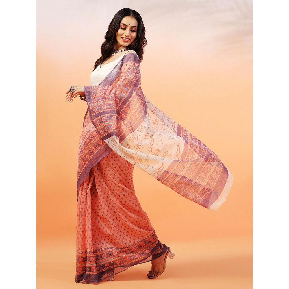 Aditri Handloom Kota Doria Hand Block Print Orange Saree With Blouse Piece