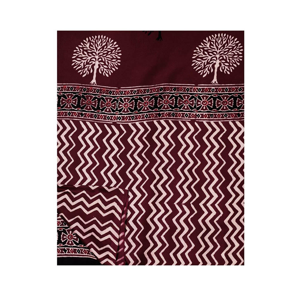 Aditri Burgundy Handprinted Ajrakh On Modal Silk Saree with Running Blouse