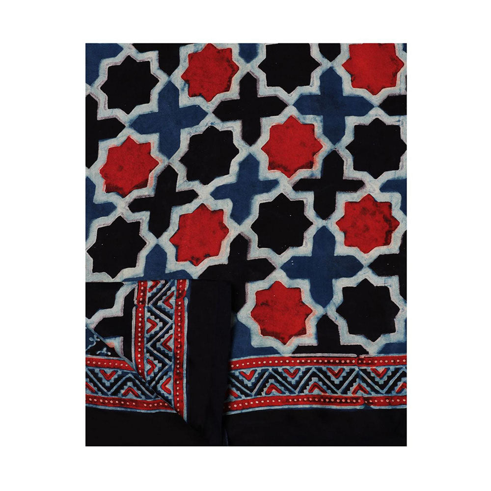 Aditri Blue Handprinted Ajrakh On Modal Silk Saree with Running Blouse