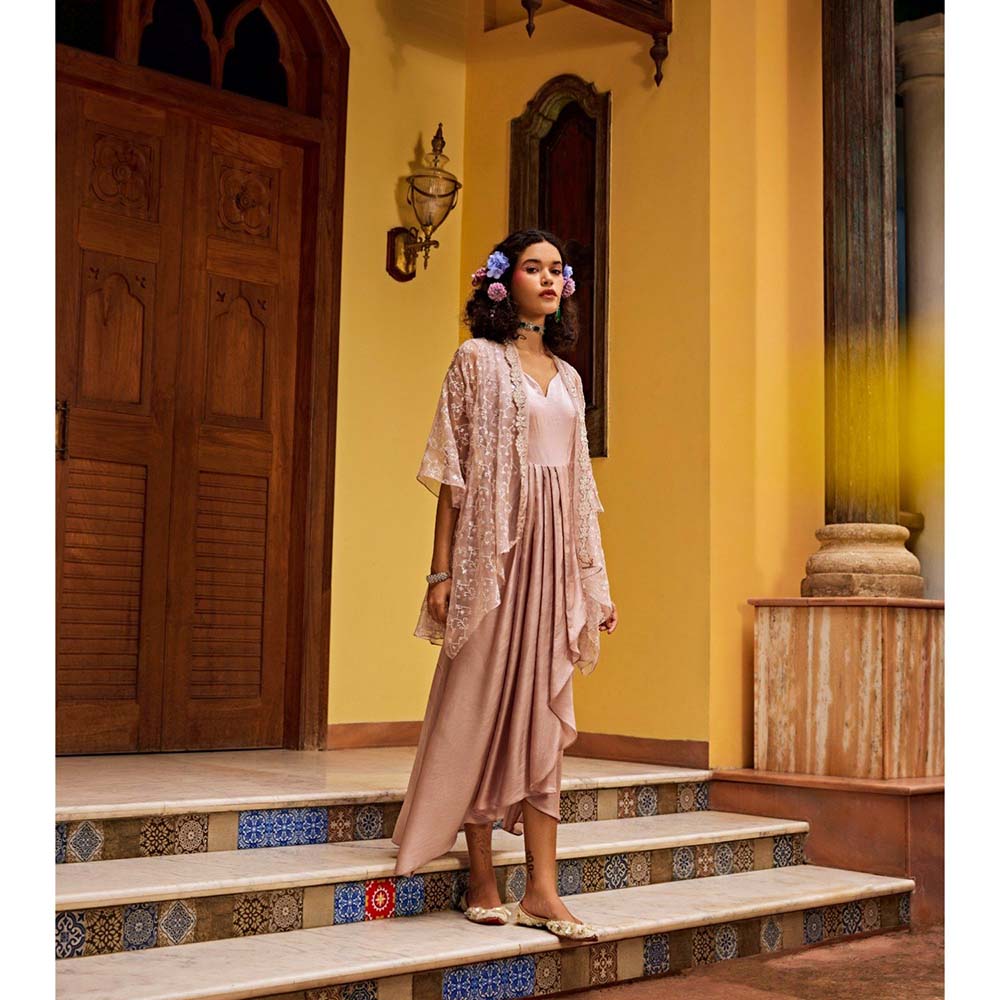 1999AD Rose Pink Sheer Embroidered Cape With Dress (Set of 2)