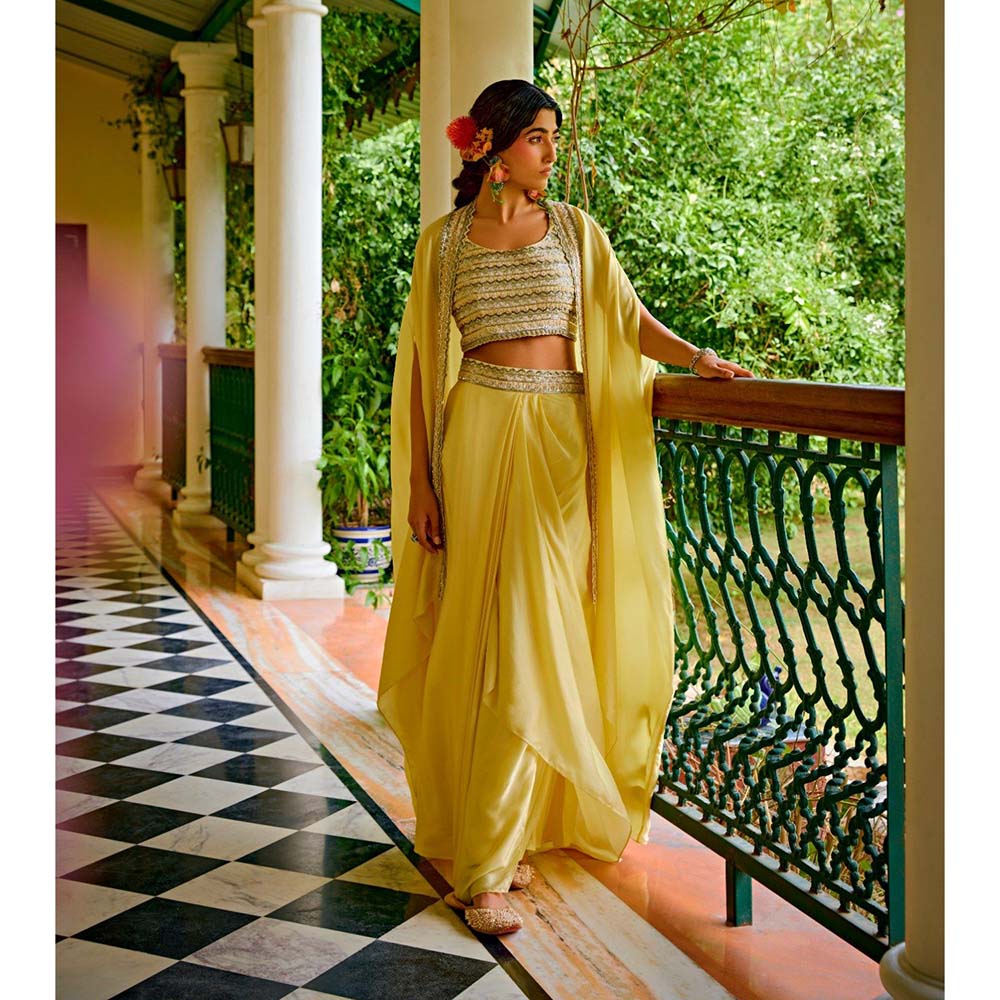 1999AD Yellow Organza Cape With Bustier And Skirt (Set of 3)