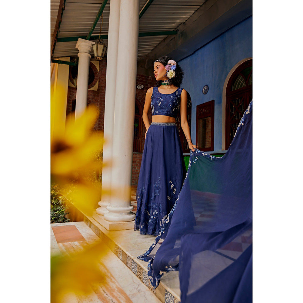 1999AD Dark Blue Floral Lehenga With Blouse And Dupatta (Set of 3)