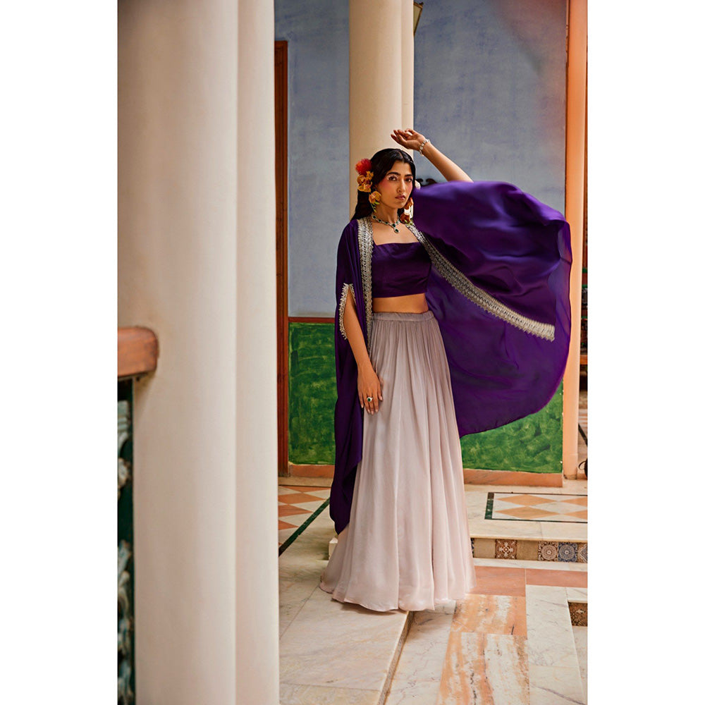 1999AD Purple Crop Top With Lehenga And Jacket (Set of 3)