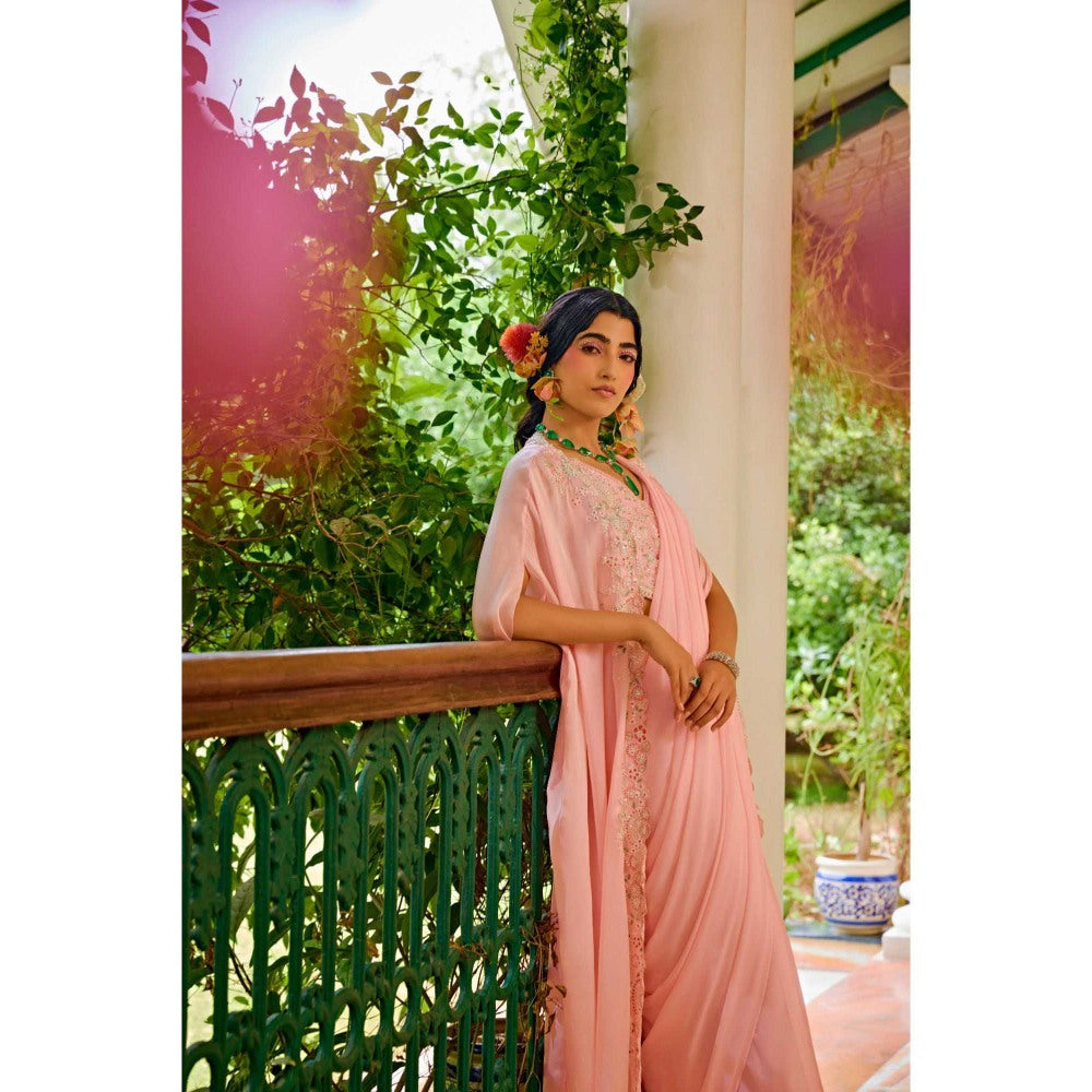 1999AD Pink Pre-Stitched Saree With Stitched Blouse And Cape